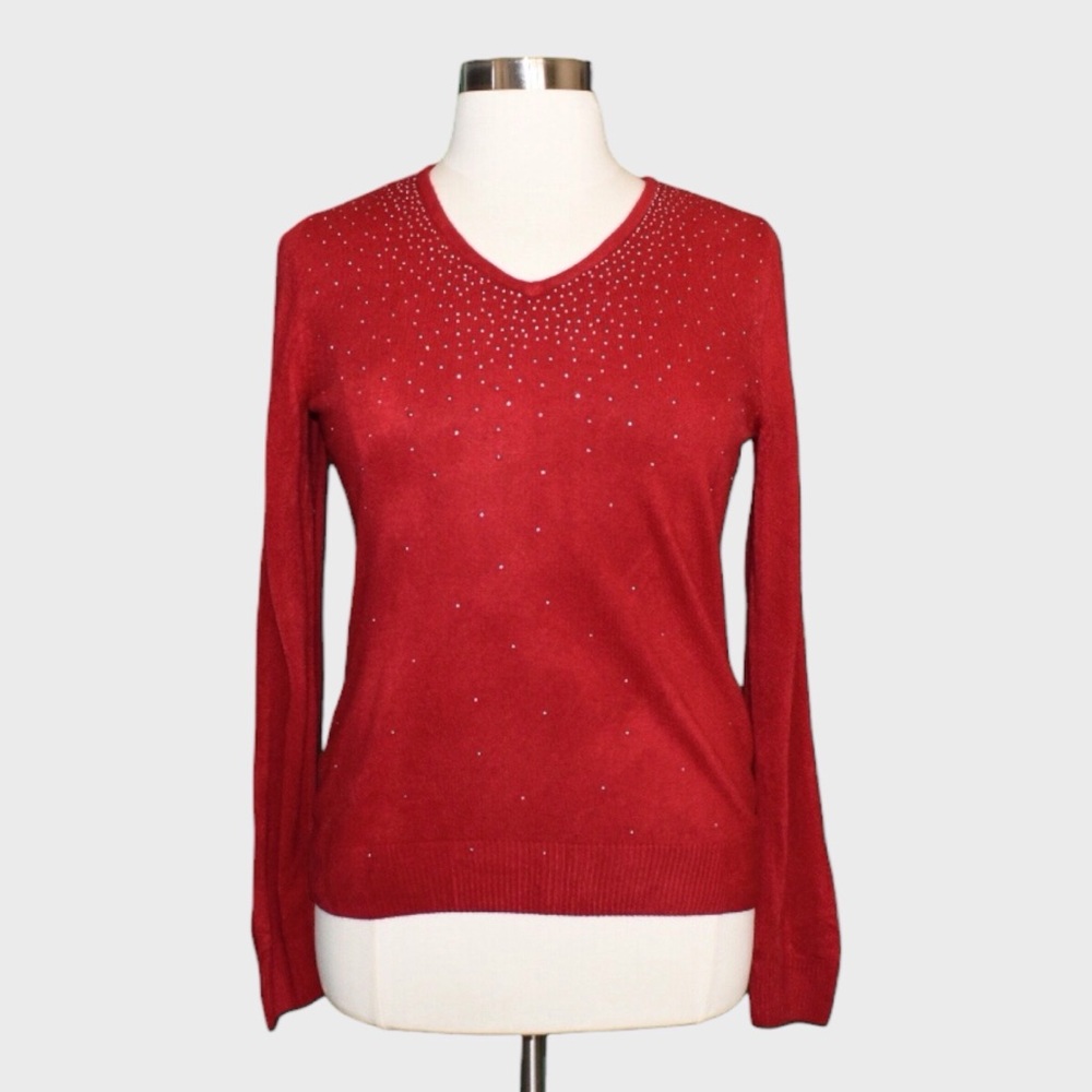 Karen‎ Scott Rhinestone V Neck Knit Sweater